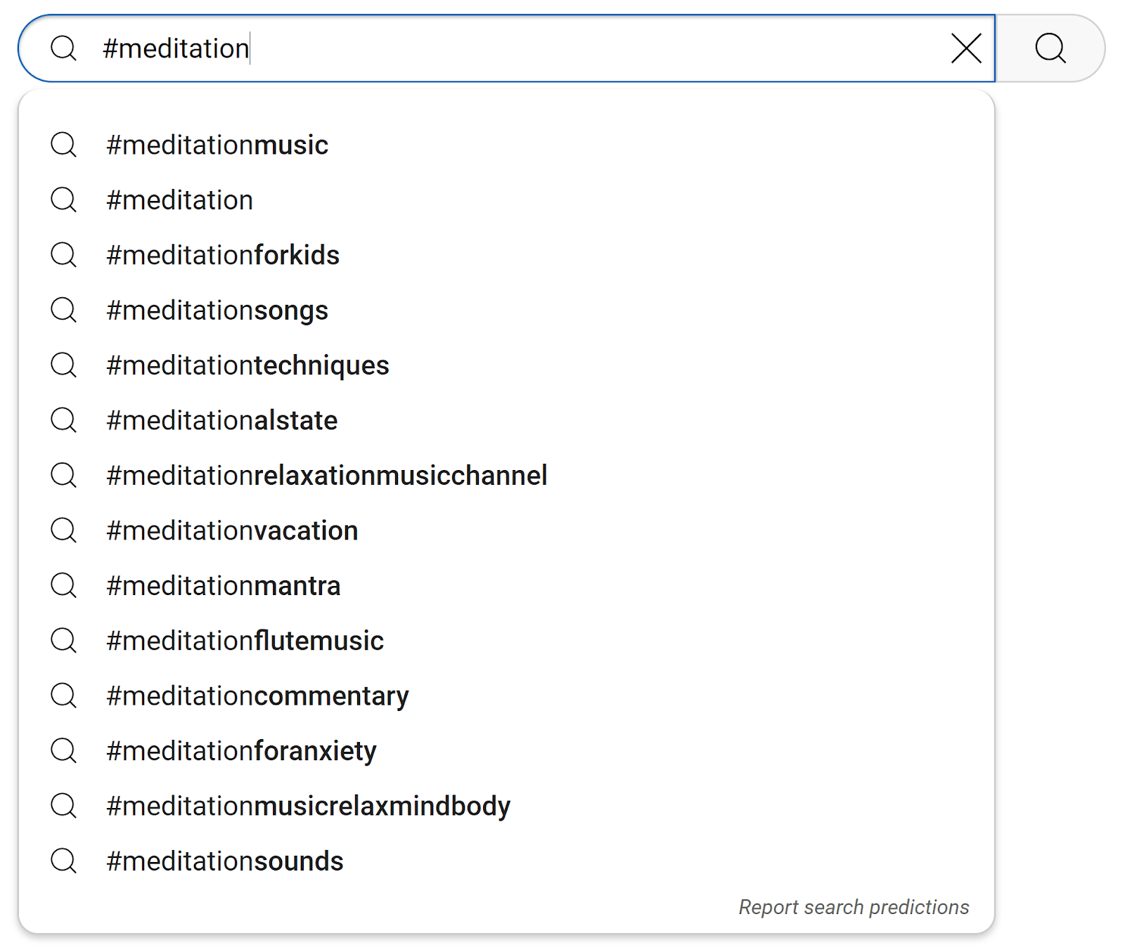 YouTube hashtag search suggestions showing with '#meditation' typed in the search box