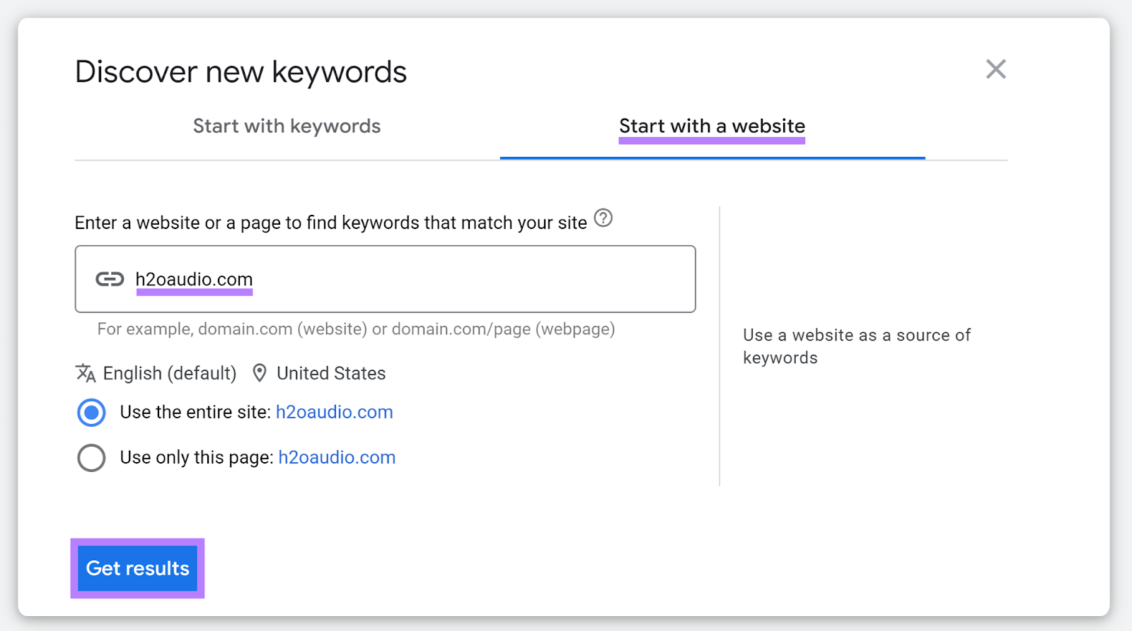 Start with a website tab selected, domain entered, and Get results button highlighted.