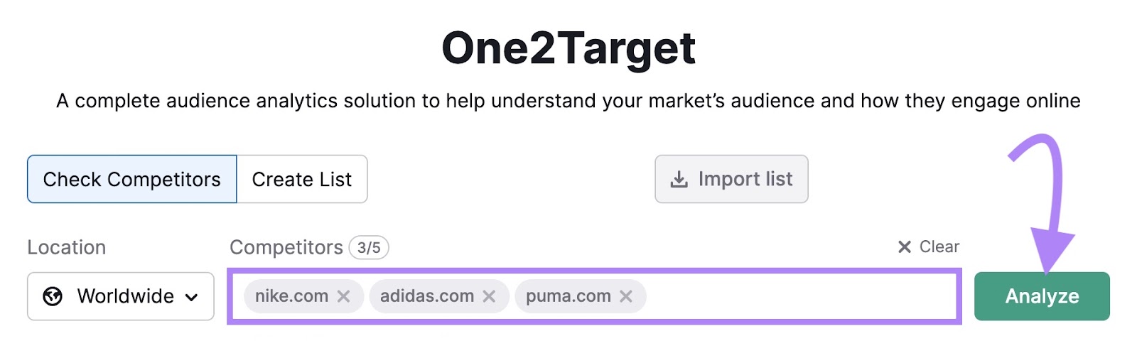 One2Target tool interface with “nike.com,” “adidas.com,” and “puma.com” entered in the domain bar.