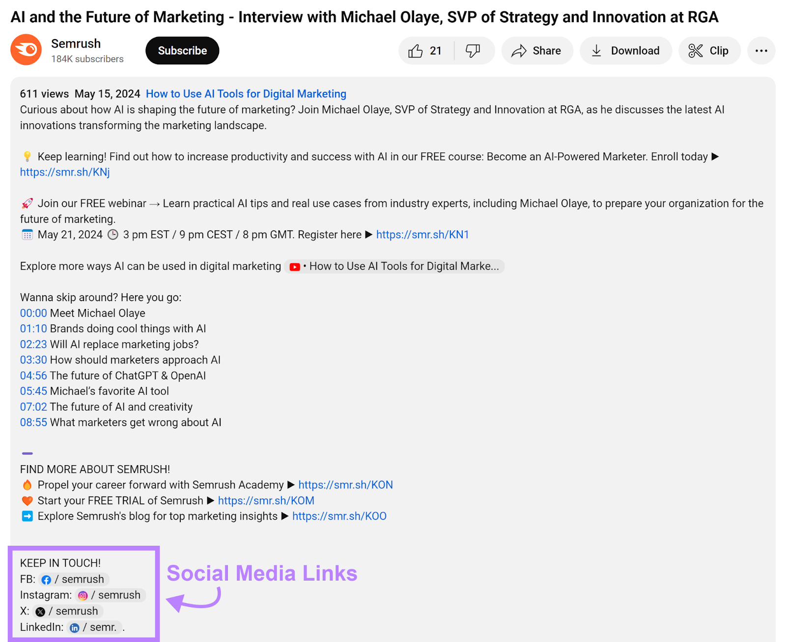 Social Media Links in Semrush YouTube video description.