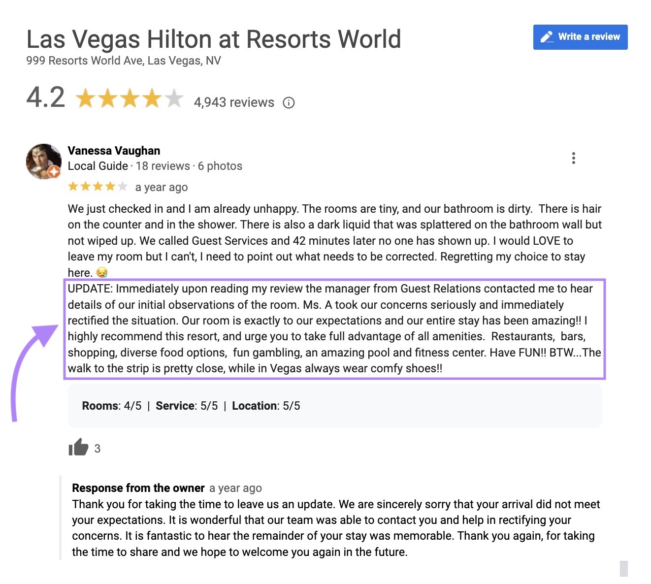 Example of a hotel helping an unhappy customer to get a positive review.