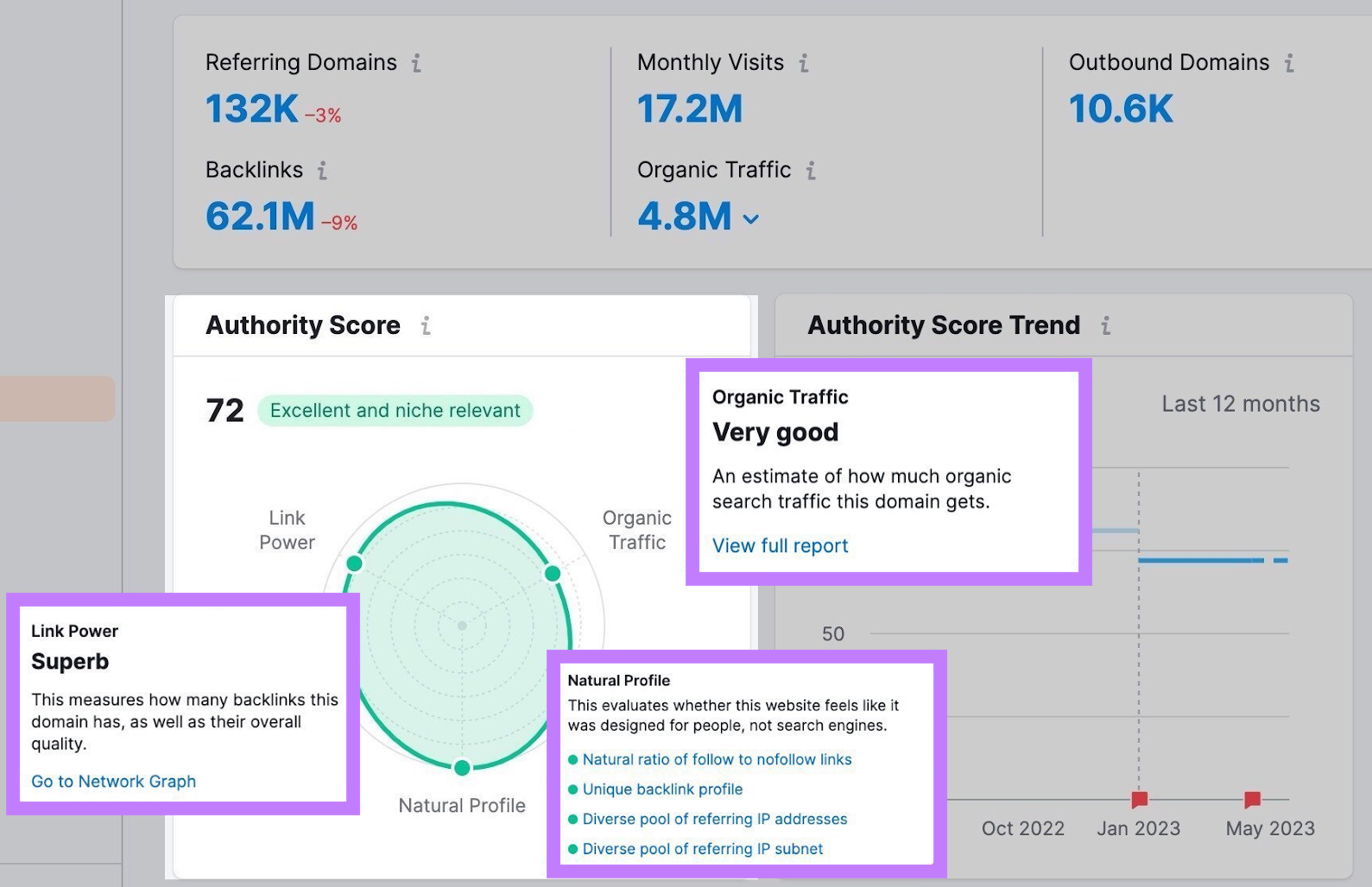 “Authority Score” section with explanations in Backlink Analytics