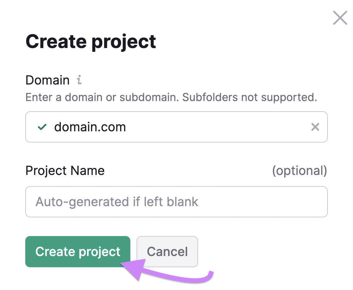 "Create project" pop-up model   successful  Site Audit tool
