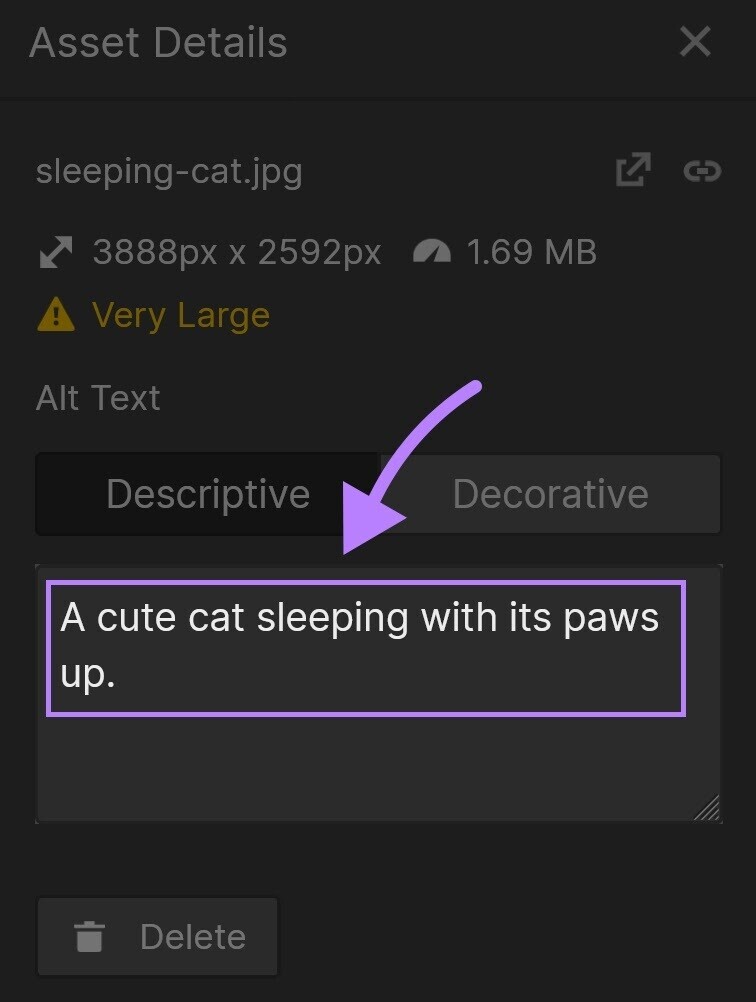 Texto alternativo "un lindo gato durmiendo con las patas hacia arriba" añadido en la ventana "Detalles del activo" en Webflow