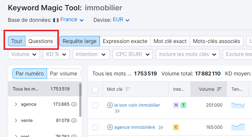 Questions dans Keyword Magic Tool