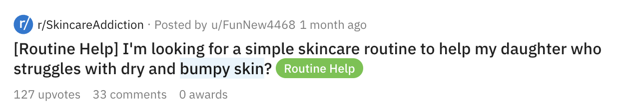 An example of a Reddit post asking for skin routine advice, with 127 upvotes and 33 comments