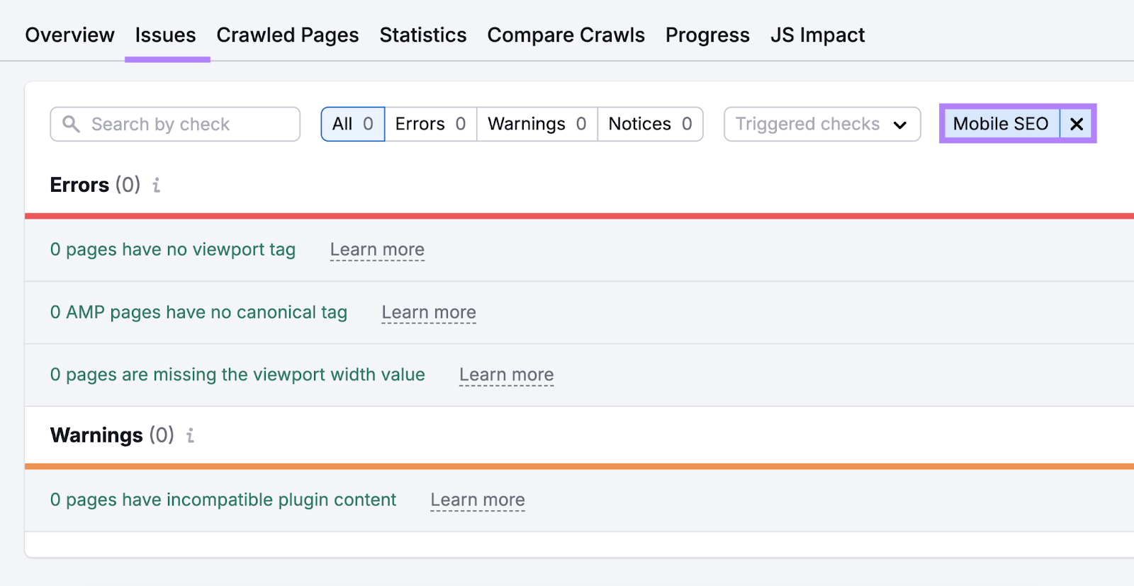 search for mobile seo issues successful  tract  audit amusement   things similar  nary  viewport tag, amp leafage   issues, incompatible plugin content