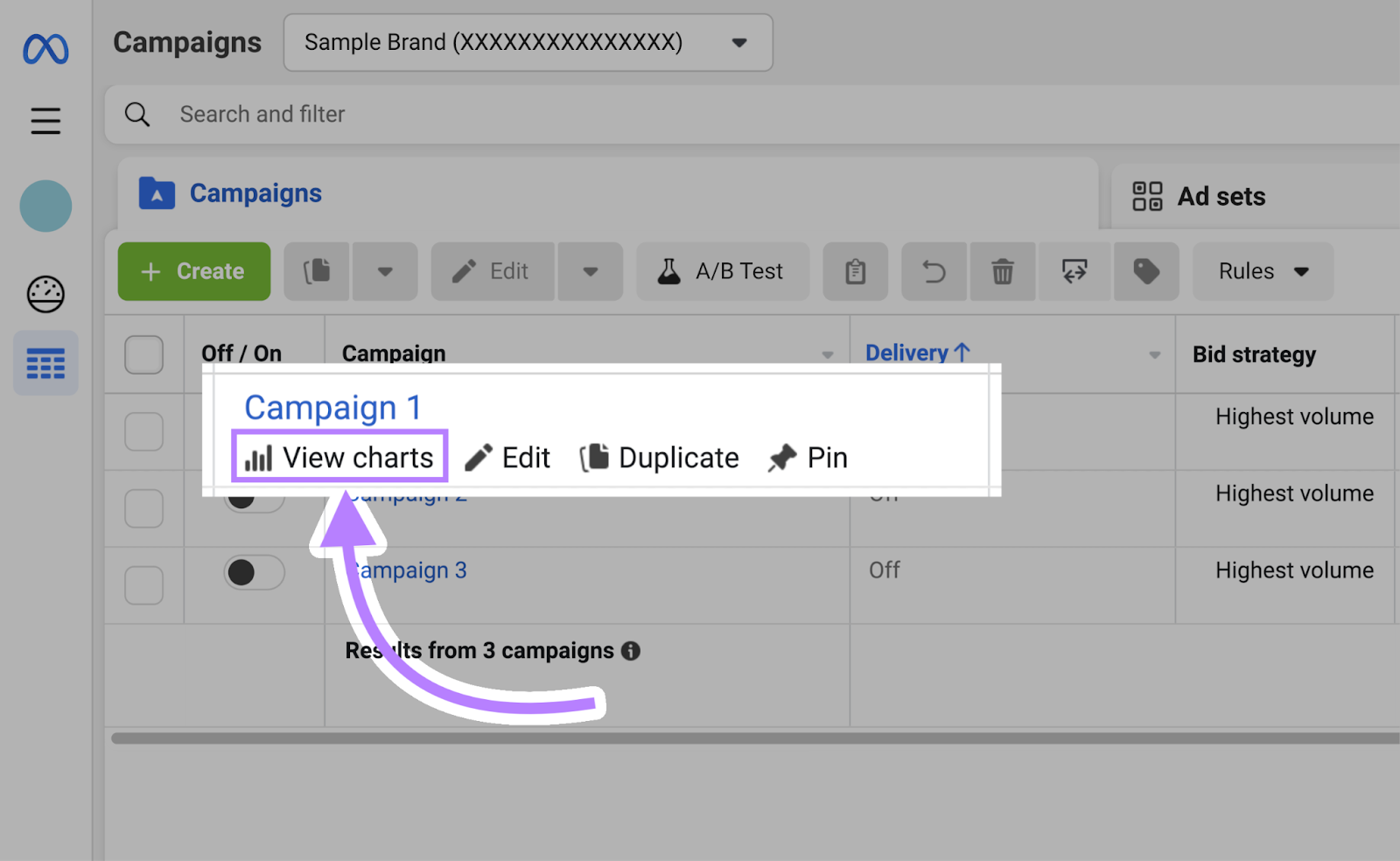 navigating to “View charts” button under "Campaign 1"