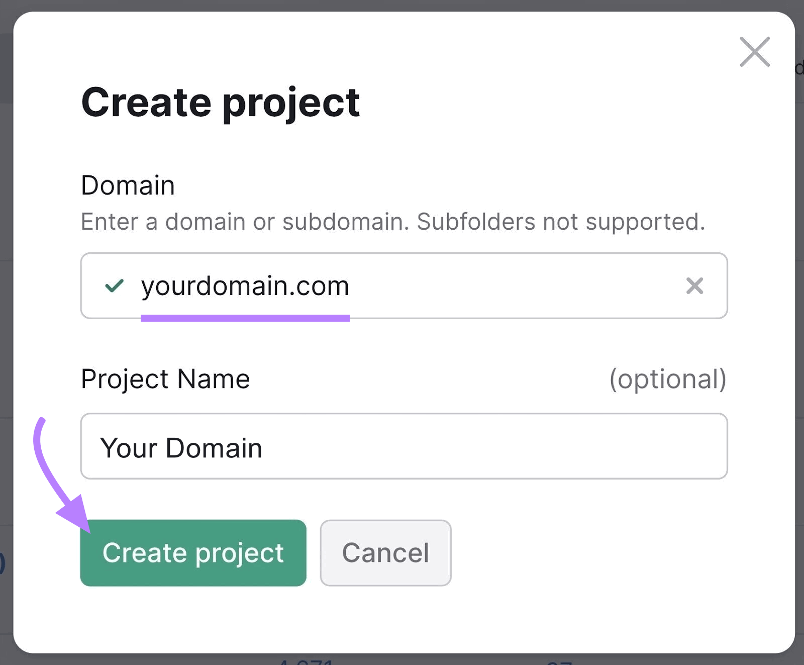 "Create project" pop-up window in Site Audit