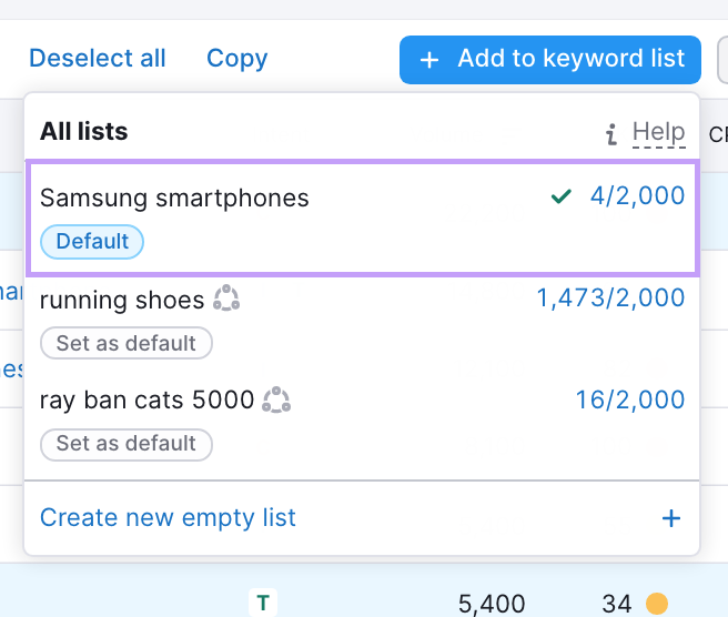 Keyword magic tool keyword list showing the list 'samsung smartphones' highlighted.