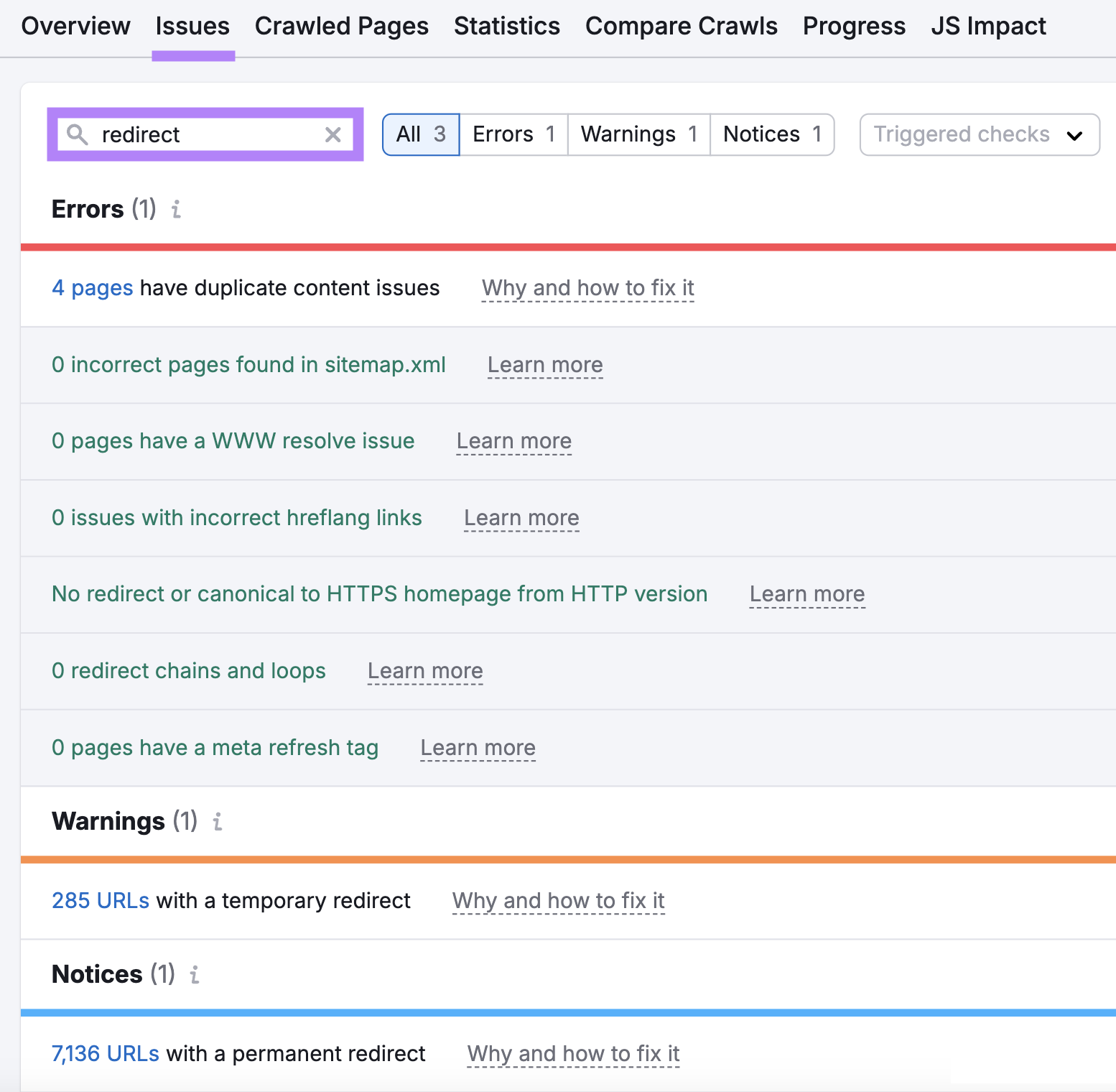 site audit issues with search for "redirect" issues reveals list of errors, warnings, and notices