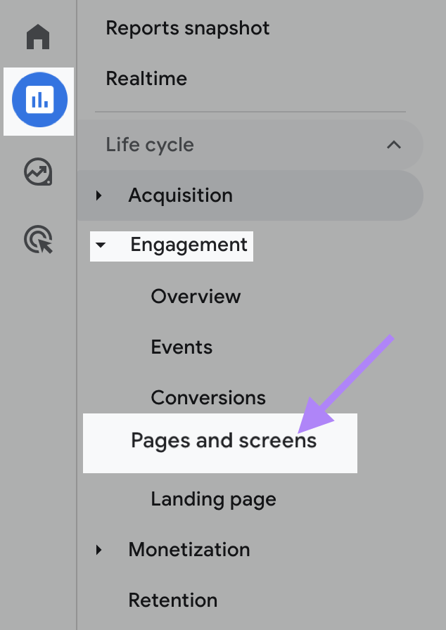 Navigating to “Pages and screens” in GA4 menu