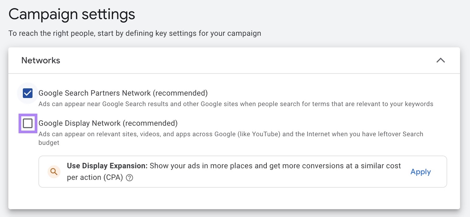 Campaign settings with the box next to Google Search Partners Network checked and the one next to Google Display Network unchecked.