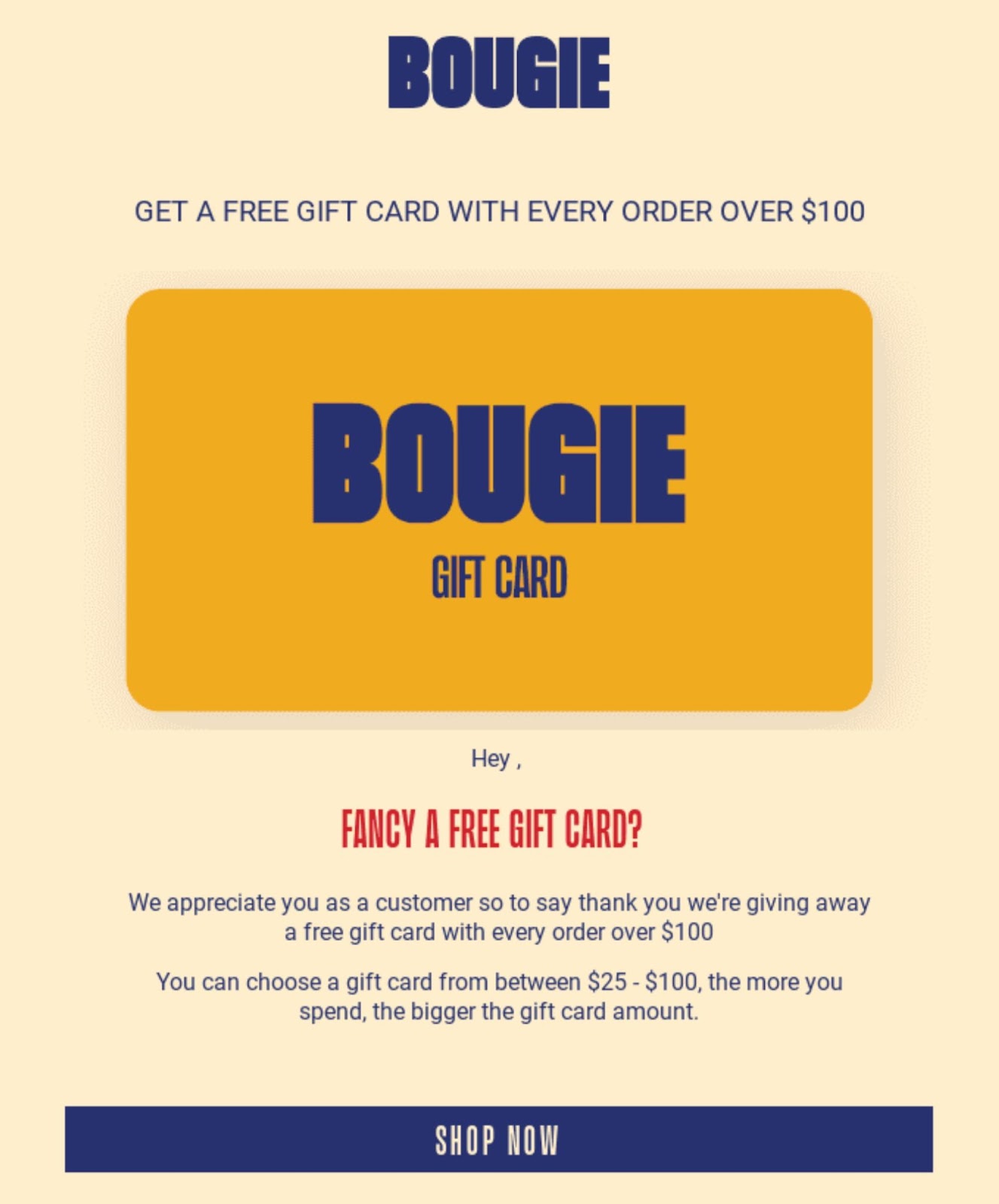 A reactivation email from, vintage homeware store, Bougie, offering a free gift card on every new order of over 100$.