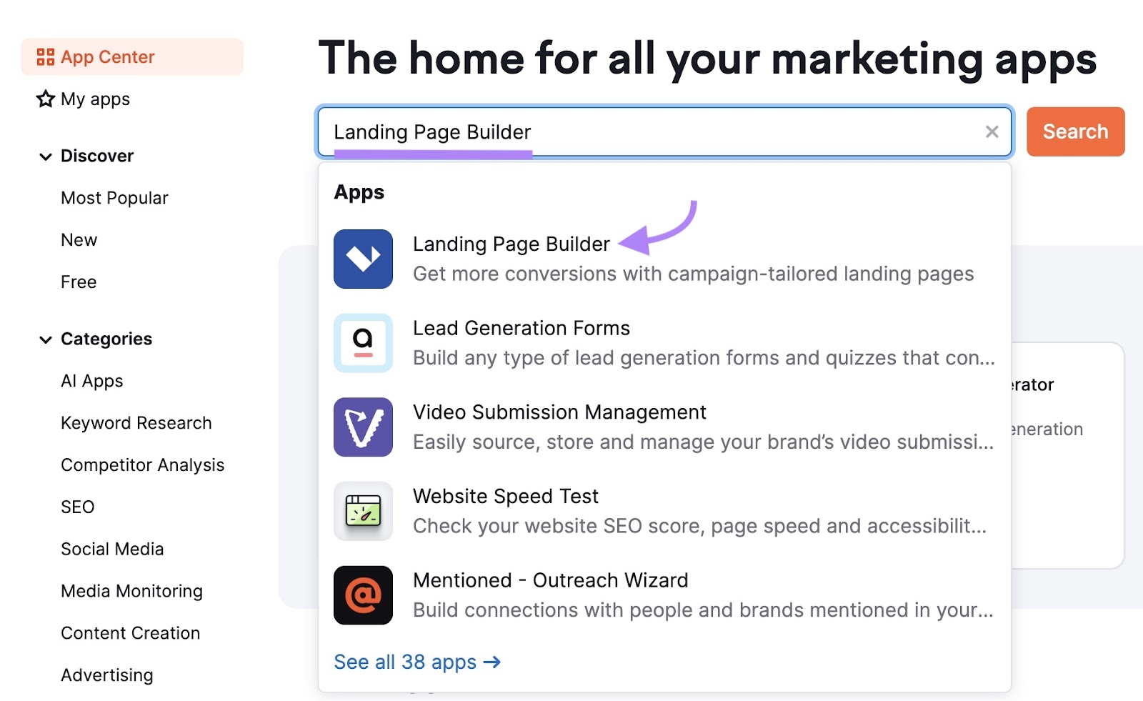 Semrush App Center home with “Landing Page Builder” entered in the search box and the same app highlighted in the drop-down