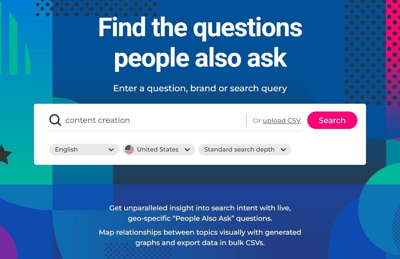 AlsoAsked 主頁標題為「尋找人們也問的問題」和搜尋欄