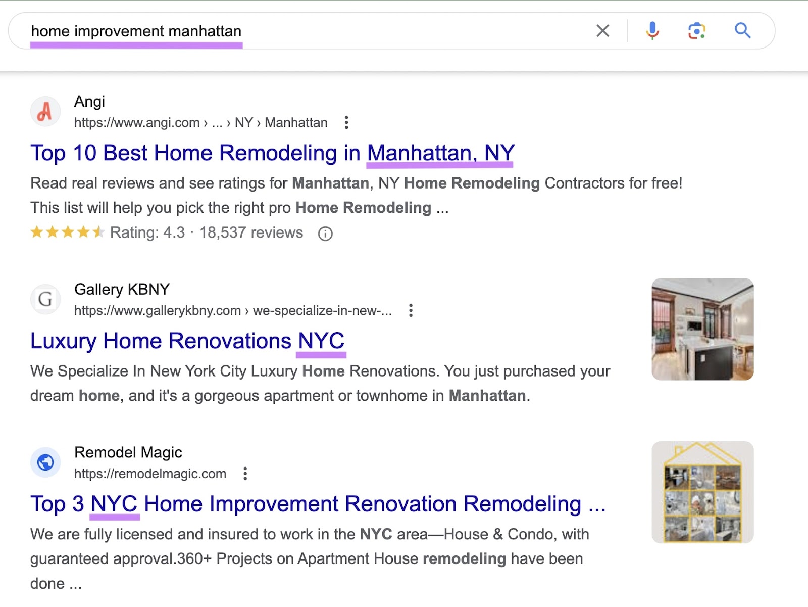 Google's SERP for "home improvement manhattan" query