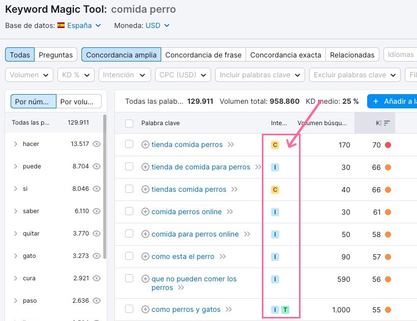 intención de palabra clave en Keyword Magic Tool