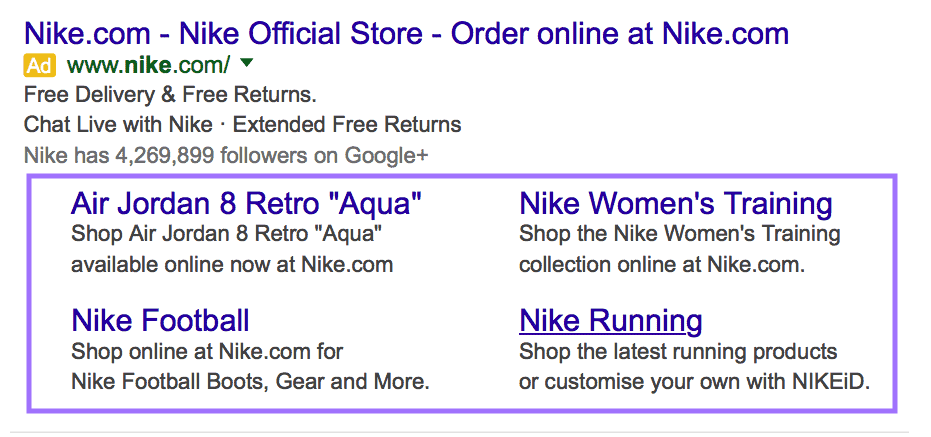 Sitelink extensions under Nike's official store ad