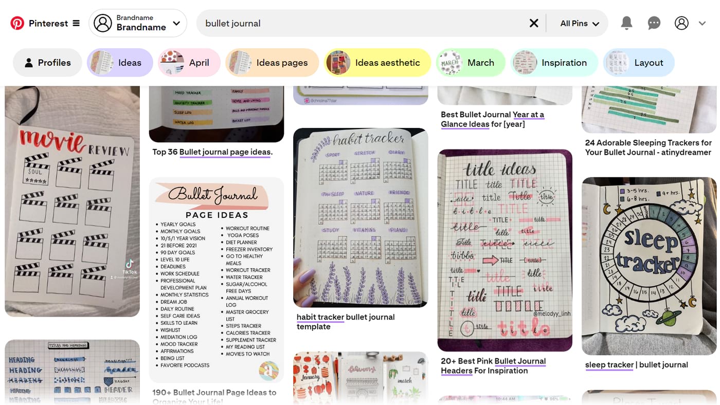 Pinterest search results for the broad keyword "bullet journal."