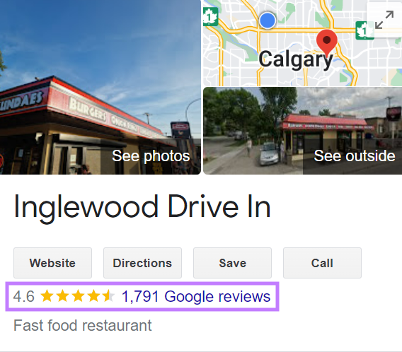Google reviews section highlighted under Inglewood Drive In's GBP
