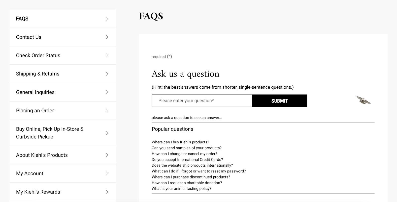 Kiehls has search bar and popular questions at the top of the faq page design