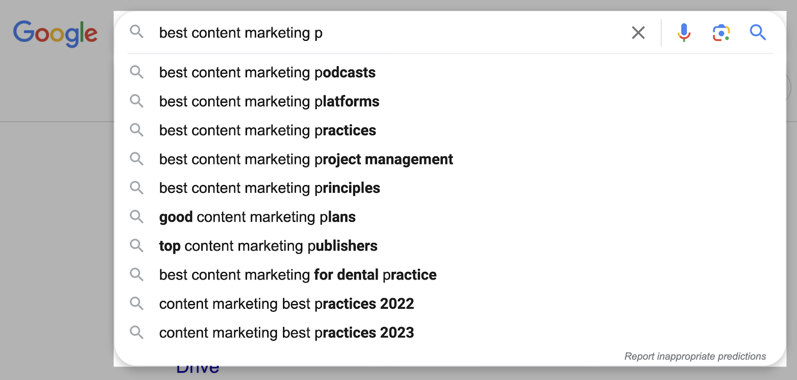 Google’s autocomplete suggestions for "best content marketing p" search