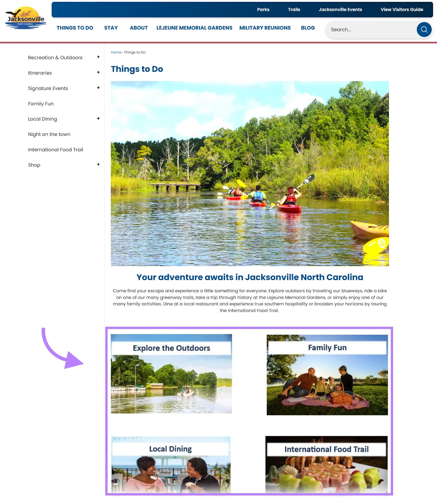 "Things to do" webpage of The City of Jacksonville, North Carolina's Tourism Department website