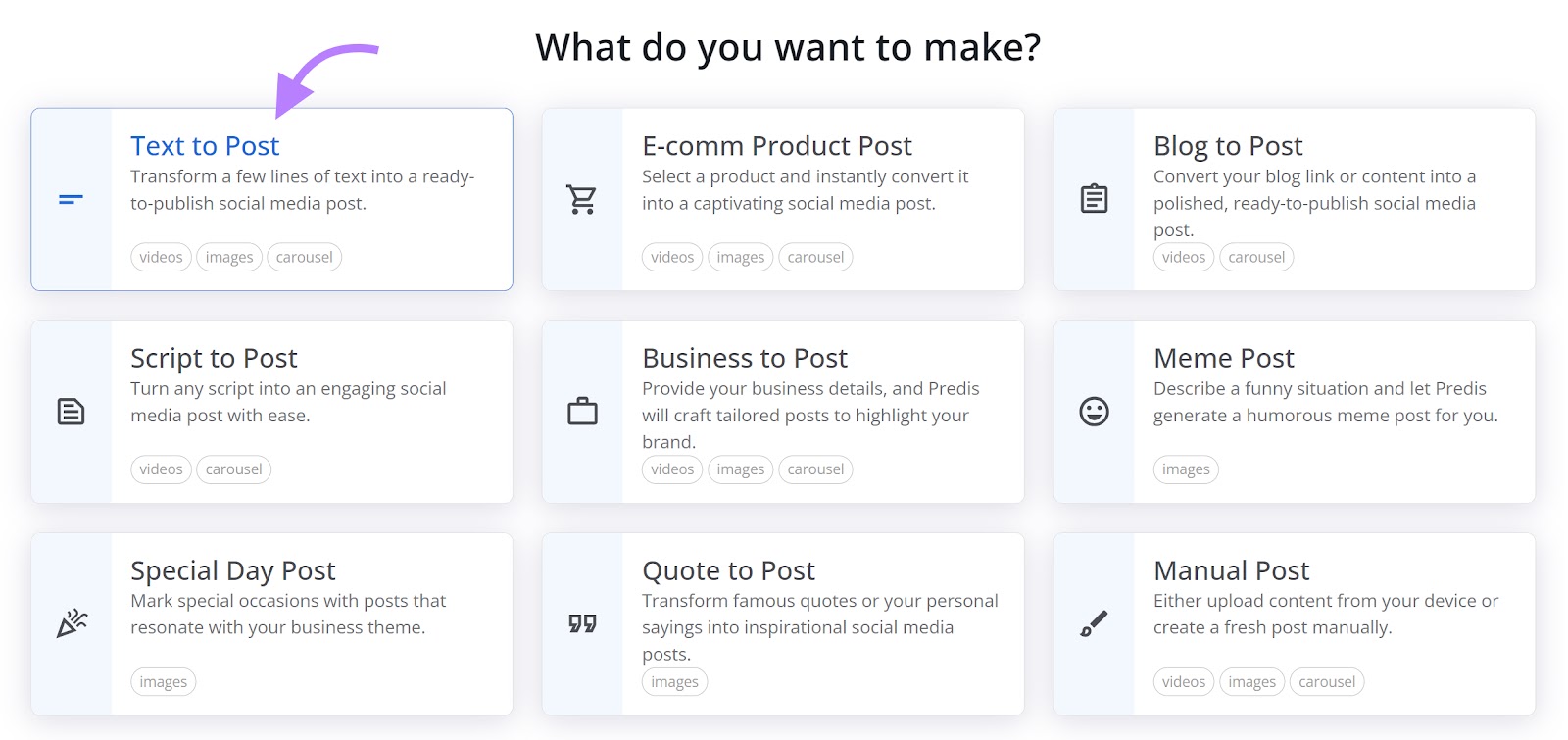 AI Social Content Generator tool showing nine types of posts the user can create.