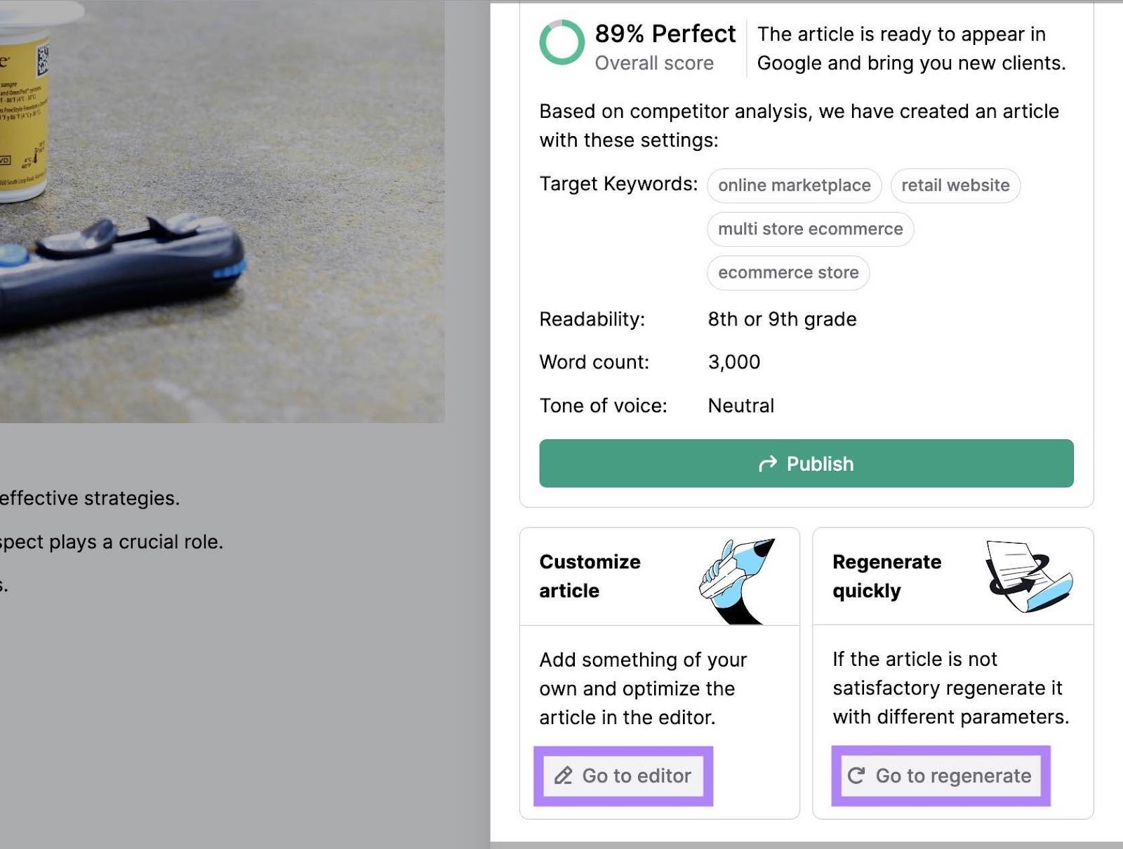 Right broadside  paper   connected  a ContentShake AI nonfiction  with options to "Customize article" and "Regenerate quickly" highlighted.