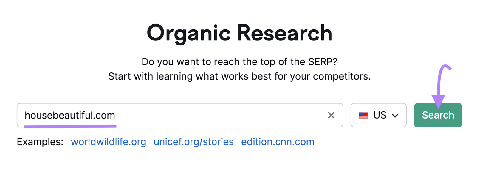 "housebeautiful.com" entered into Organic Research search bar