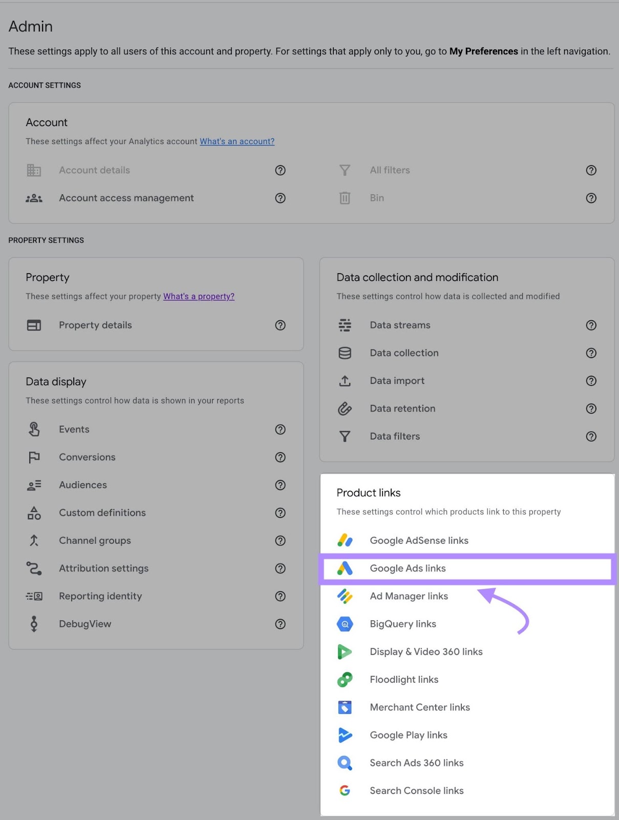 “Google Ads Links” selected under the Product Links subheading in the Admin panel