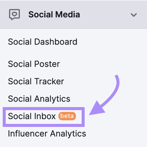 “Social Inbox" selected under "Social Media" section of Semrush menu