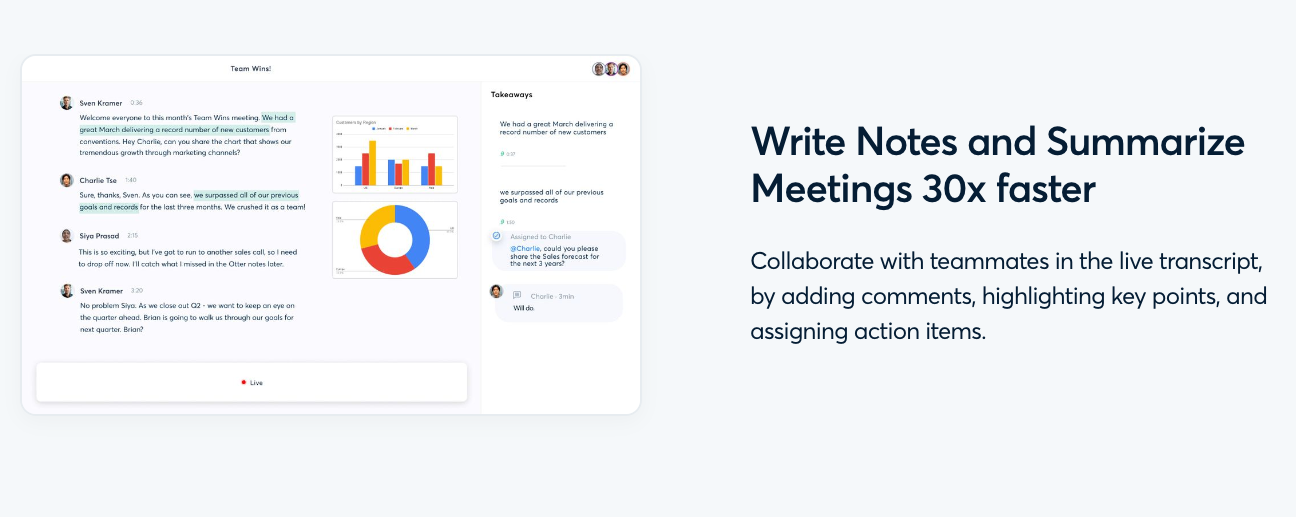 a tagline from Otter homepage saying "Write Notes and Summarize Meetings 30x faster"