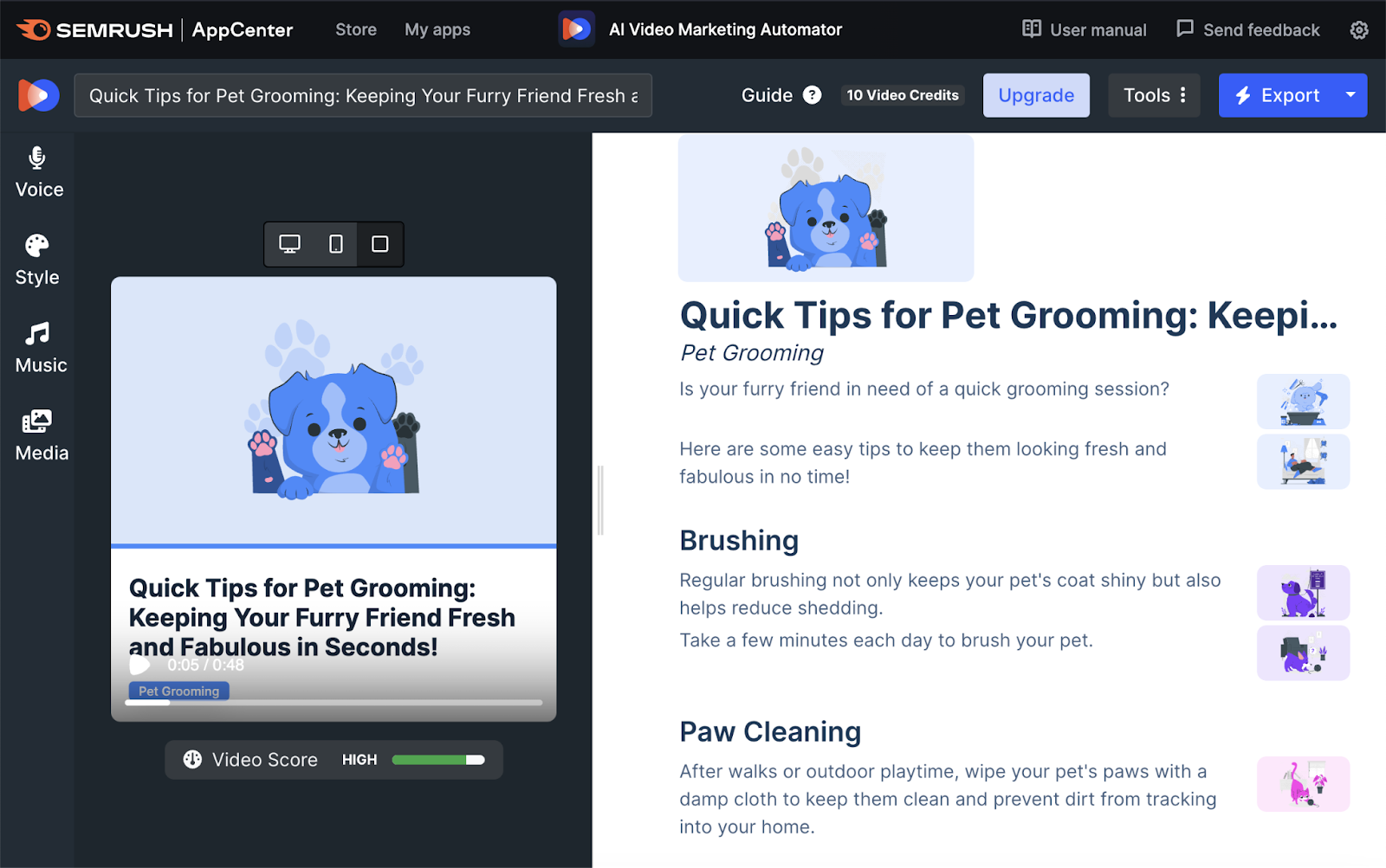 AI generated video of pet grooming illustration with video script.