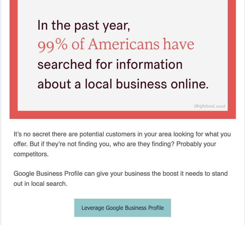 An email that links to a blog post about Google Business Profiles