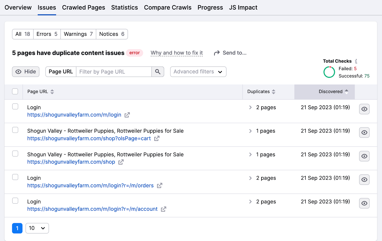"5 pages have duplicate content issues" page in Site Audit