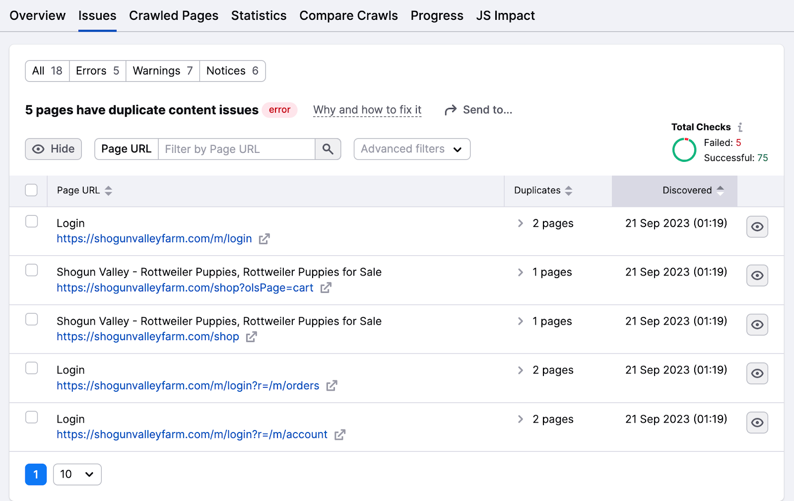 Página "5 páginas têm problemas de conteúdo duplicado" na Auditoria do site