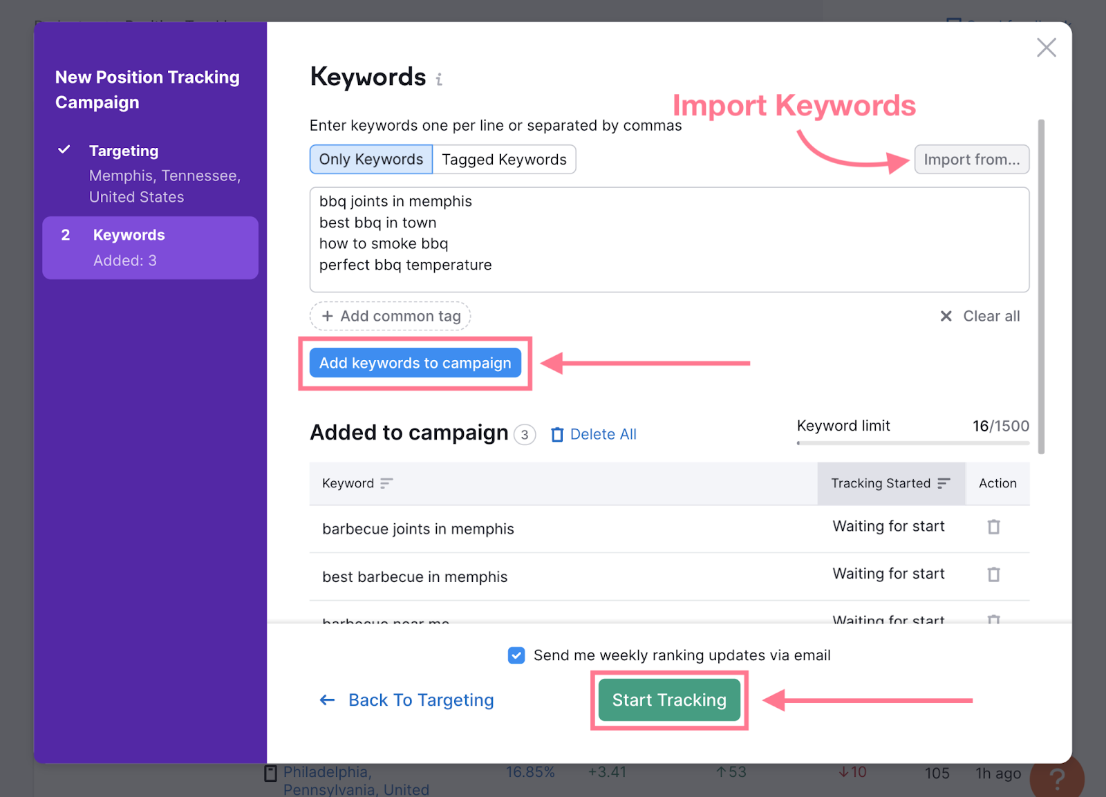 Add keywords to campaign and start tracking
