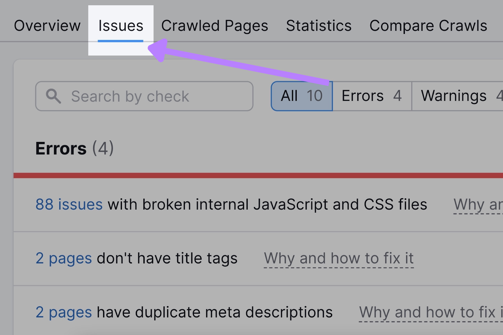 "Issues" tab in Site Audit