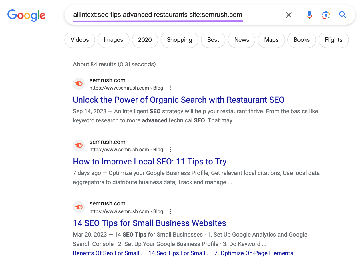 Google's SERP for “allintext:seo tips advanced restaurants site:semrush.com”