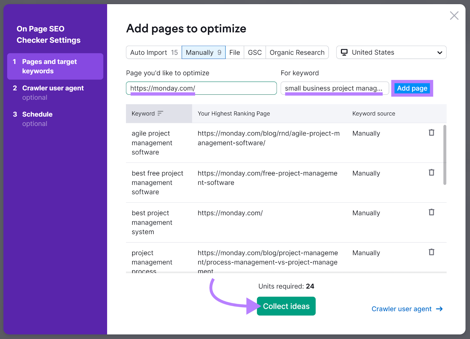 Adding pages to optimize manually and arrow pointing to Collect ideas button