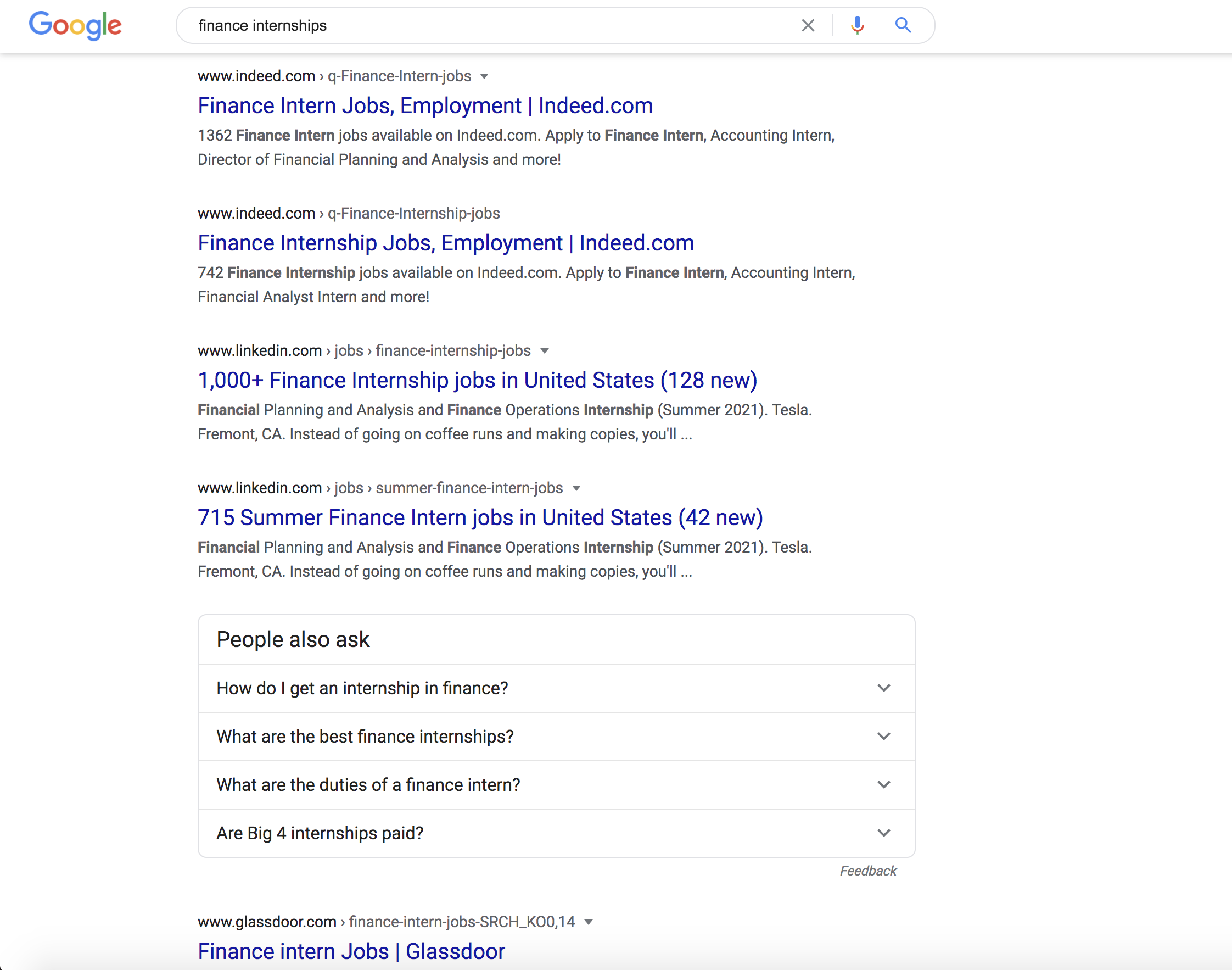 finance internship SERP results screenshot