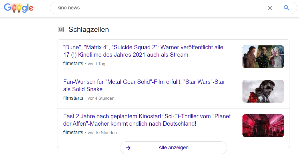 SERP-Funktion Schlagzeilen