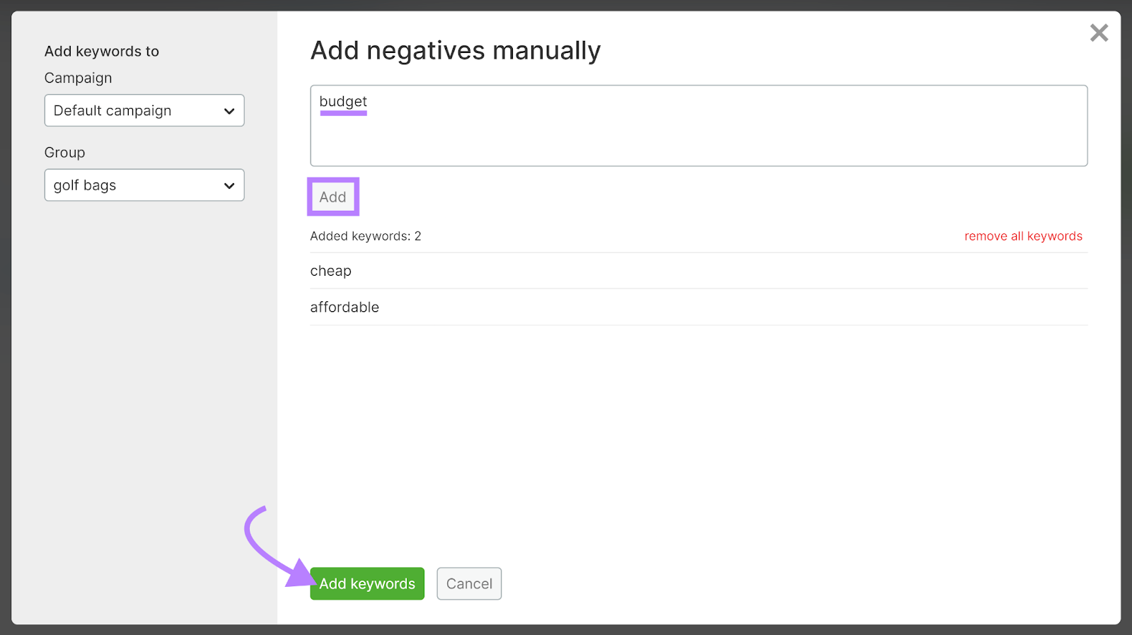 Keyword successful  input box, Add button, and Add keywords fastener  highlighted.