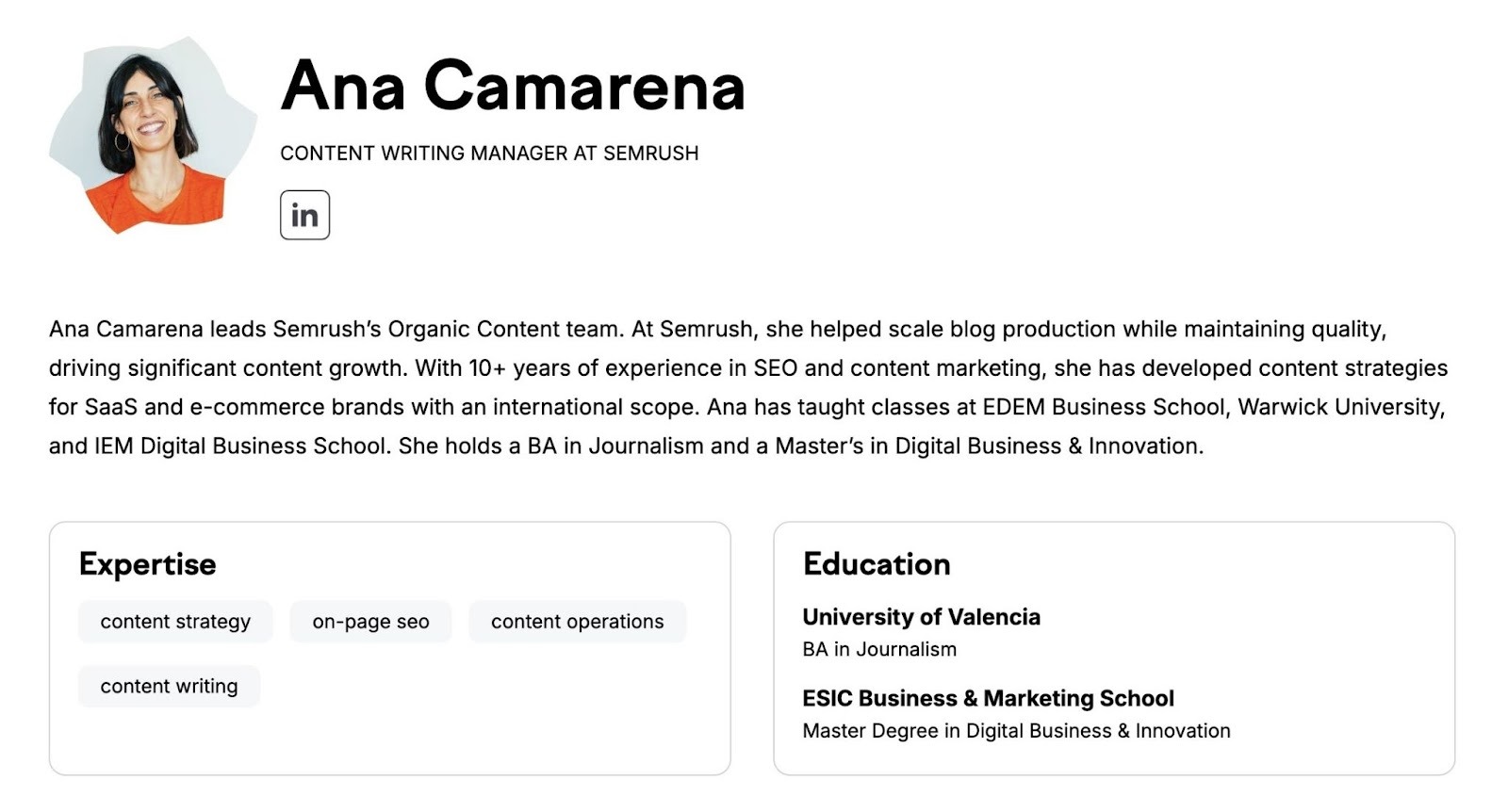 Author bio on Semrush highlighting the writer's education and areas of expertise, along with a short bio.