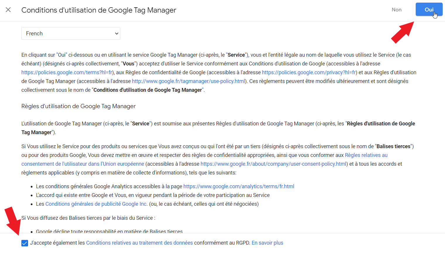 Accepter les conditions de Google pour créer un compte GTM