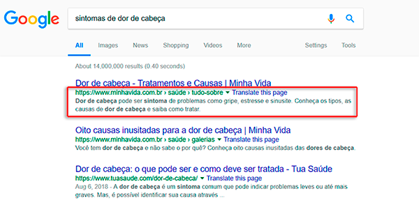 Print da SERP para a busca por sintomas de dor de cabeça