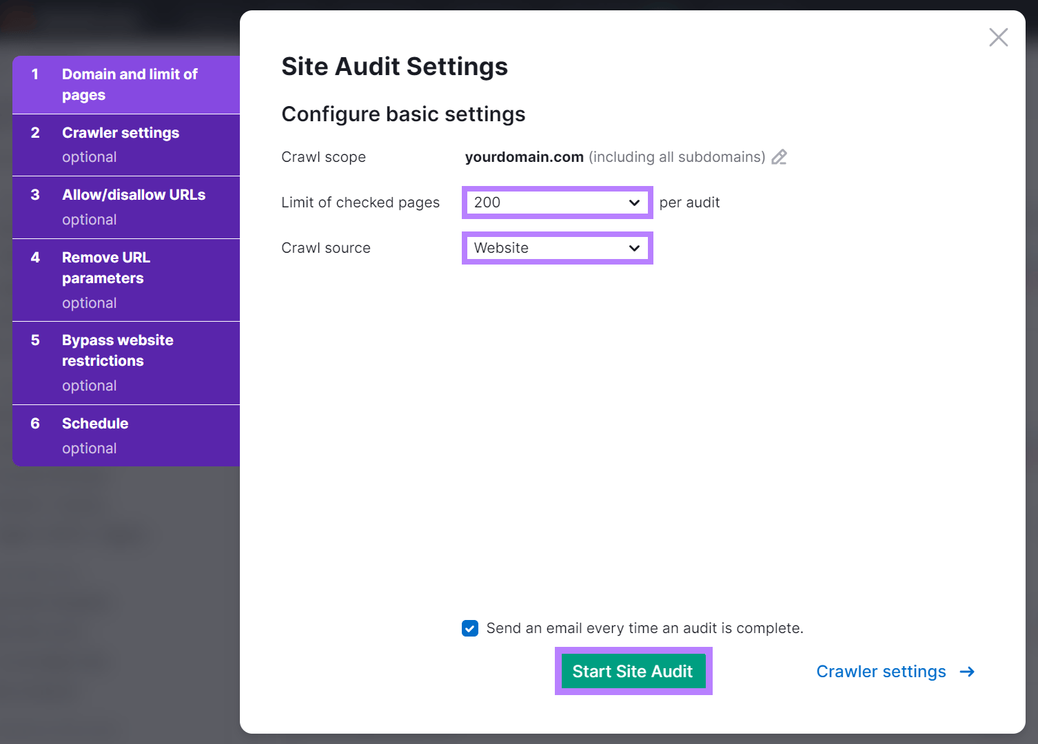 Site Audit settings configuration modal with page limits, crawl source, and 'Start Site Audit' button highlighted.