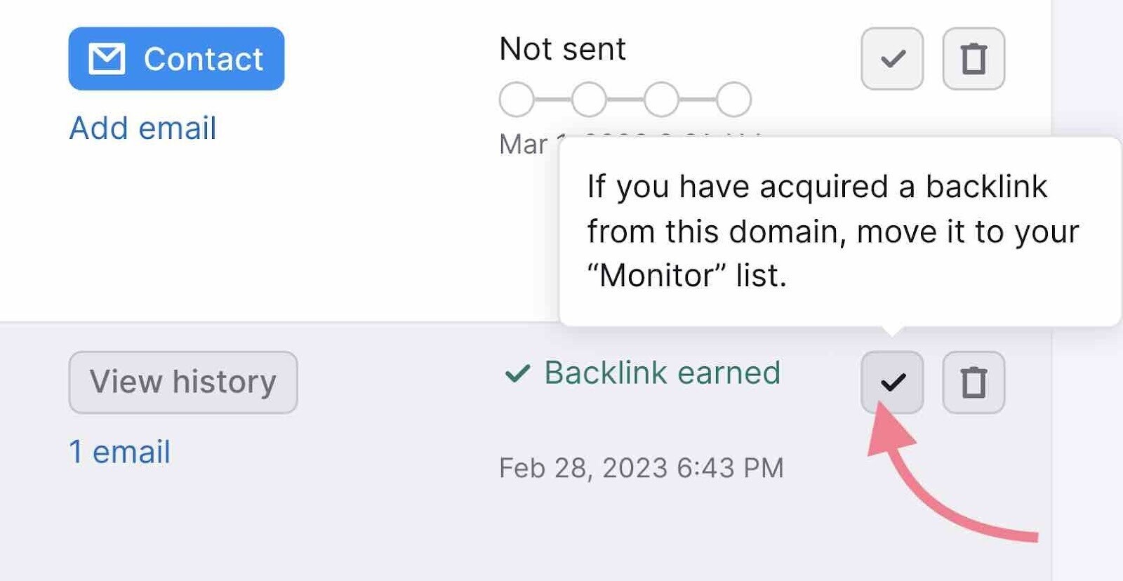 Backlink earned section in Monitor tab